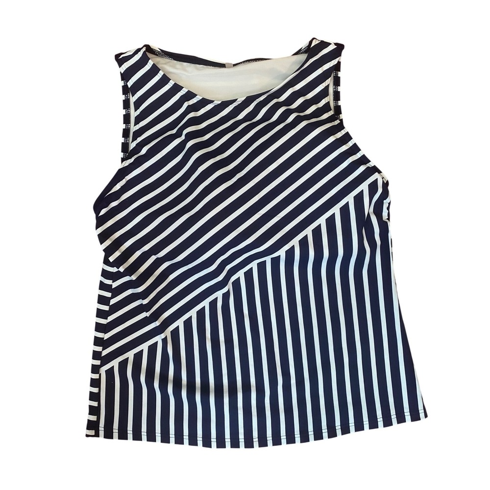 Lands End Womens Navy White Striped Tankini Swim Top Asymmetrical Stripe XL